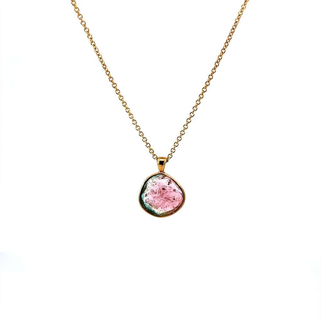 [02182026] 14Kt Yellow Gold Watermelon Tourmaline Slice Necklace 4.85ct