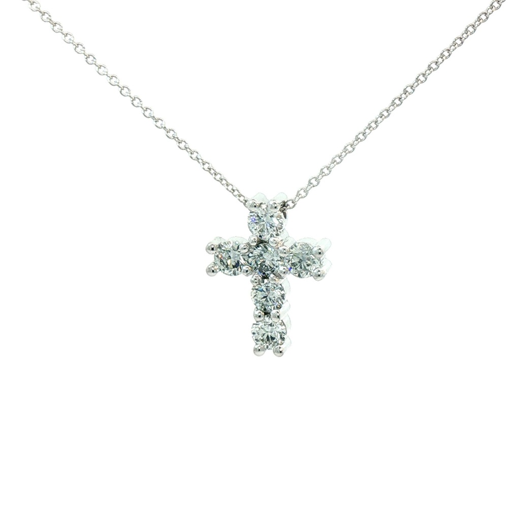 14Kt White Gold Cross Necklace With (6) Round Diamonds Weighing 1.15ct
