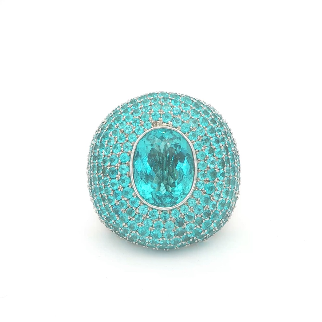 Platinum Dome Ring With An Oval Paraiba Tourmaline Weighing 4.25ct and (279) Round Paraibas Weighing 4.05ct