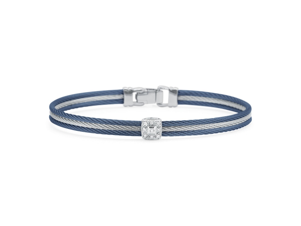 [04-49-S814-11] 14Kt White Gold Blueberry And Grey Nautical Cable Square Station Bracelet With (9) Round Diamonds Weighing 0.05cttw