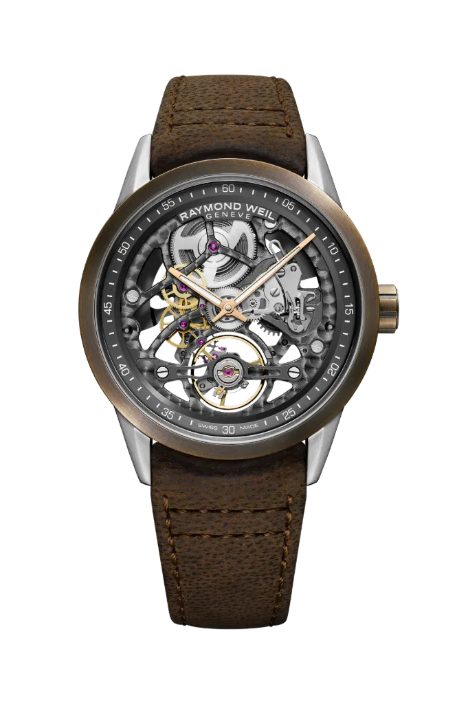[2785-SBC-60000] Raymond Weil 42mm Automatic Skeleton Dial Watch with a Leather Strap