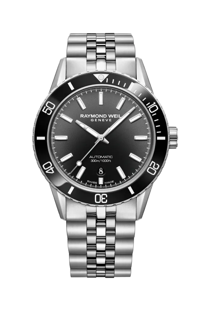 [2775-ST1-20051] Raymond Weil 42mm Freelancer Automatic Black Dial Watch With A Stainless Steel Strap