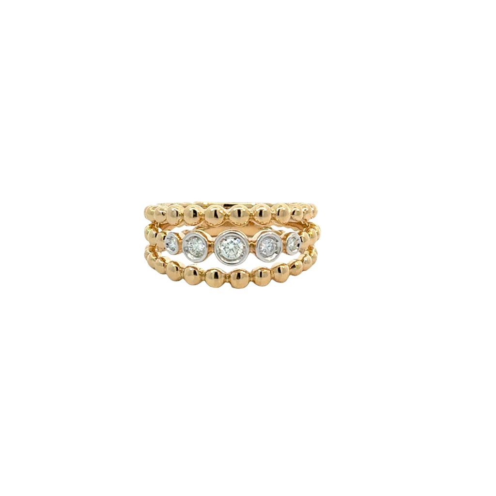 [LD11829-304] 14Kt Yellow Gold Three Row Beaded Band With (5) Round Diamonds Weighing 0.16cttw