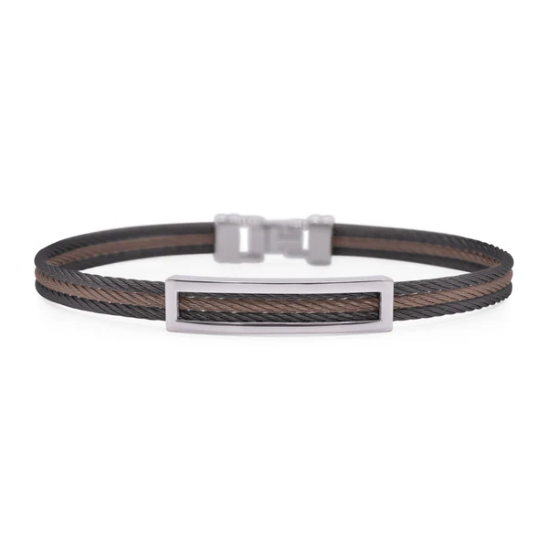 [04-16-1034-00] Stainless Steel Black And Chocolate Nautical Cable Men's Open ID Bracelet Sz8