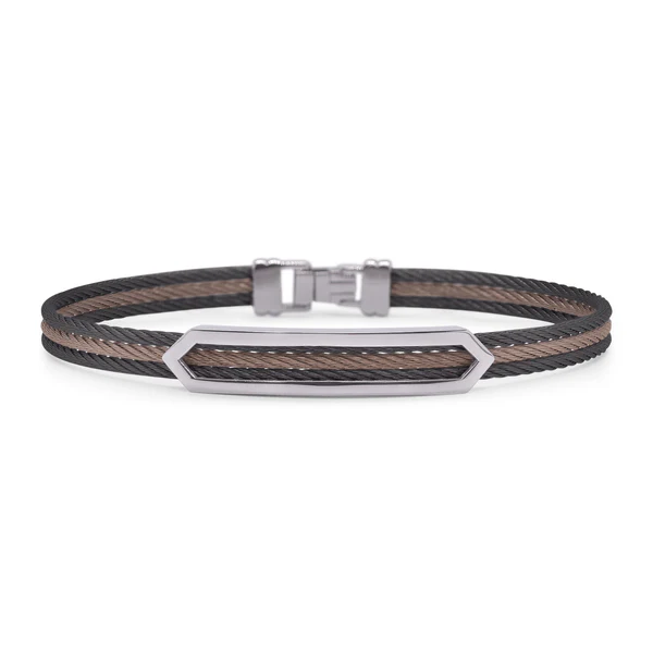 Stainless Steel Black And Chocolate Nautical Cable Open ID Arrow Bracelet Sz8