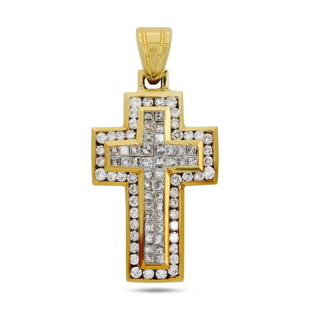 18Kt Yellow Gold Cross Necklace With (40) Princess Cut Diamonds Weighing 1.08ct And (46) Round Diamonds Weighing 0.87ct