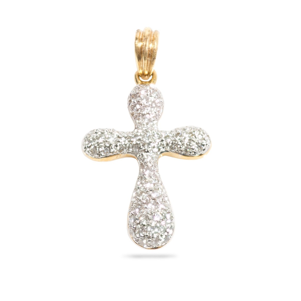 [P47713] 18Kt Two Toned Pave Diamond Cross Necklace 0.58cttw