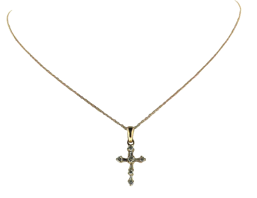[P55617] 14Kt Rose Gold Cross Necklace With (5) Baguette Diamonds Weighing 0.14ct and (6) Round Diamonds Weighing 0.20ct