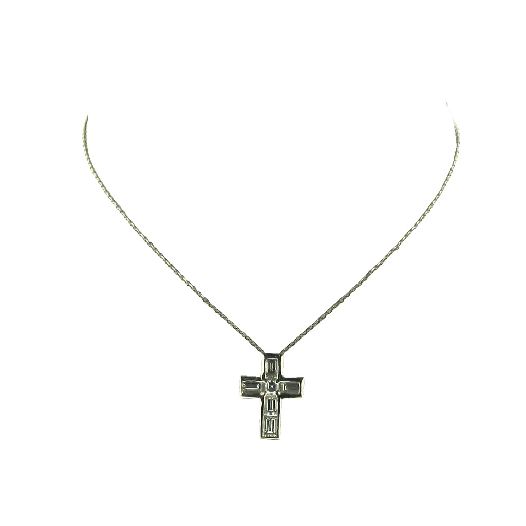 [P63818.2] 18Kt White Gold Cross Necklace With (1) Square Diamond Weighing 0.12ct And (5) Baguette Diamonds Weighing 1.20ct