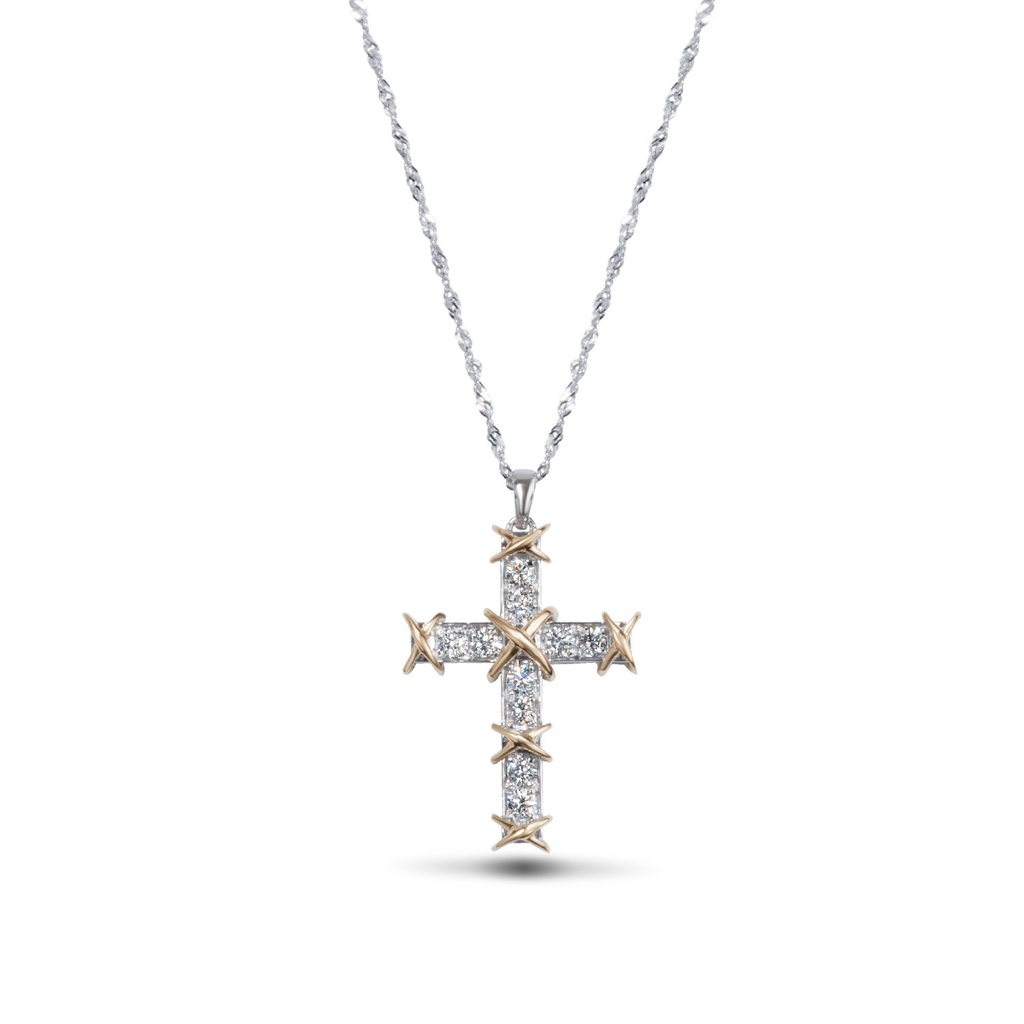 [P64935] 14Kt Two Toned Cross Necklace With (10) Round Diamonds Weighing 0.40cttw