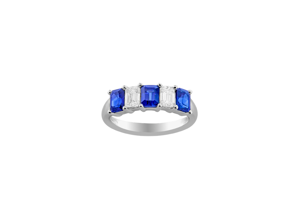 [29628-S] Platinum Band With (3) Emerald Cut Sapphires Weighing 1.72ct And (2) Emerald Cut Diamonds Weighing 0.60ct