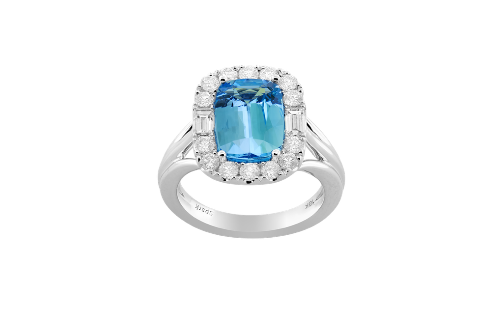 [29720-AQ] 18Kt White Gold Halo Style Ring With A Cushion Cut Aquamarine Weighing 2.30ct, and (14) Round And (2) Baguette Diamonds Weighing 0.88ct