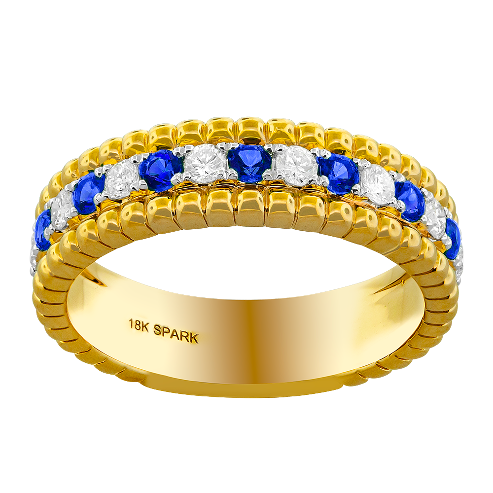 [R6720-S] 18Kt Yellow Gold Milgrain Band With (7) Round Sapphires Weighing 0.35ct And (8) Round Diamonds Weighing 0.28ct