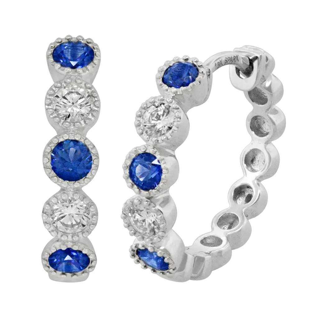 [E6368-S] 18Kt White Gold Milgrain Hoops With (6) Round Sapphires Weighing 0.36ct And (4) Round Diamonds Weighing 0.20ct