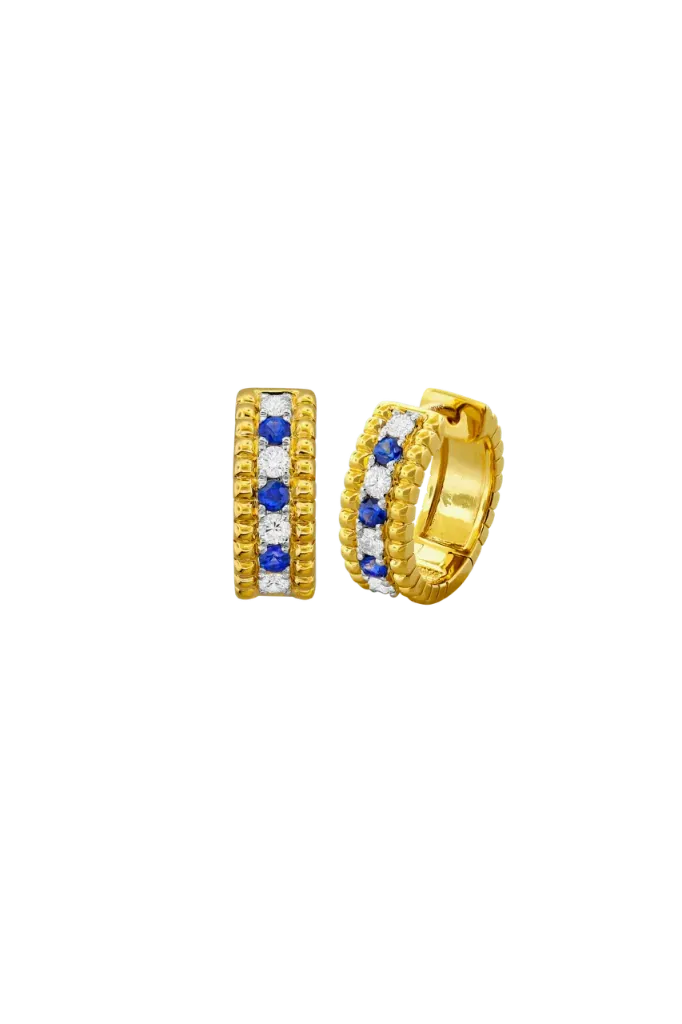 [E6720-S] 18Kt Yellow Gold Milgrain Hoops With (6) Round Sapphires Weighing 0.30ct And (8) Round Diamonds Weighing 0.28ct