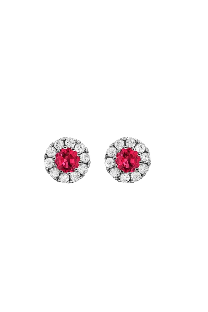 18Kt White Gold Halo Style Studs With (2) Round Rubies Weighing 0.60ct And (20) Round Diamonds Weighing 0.40ct