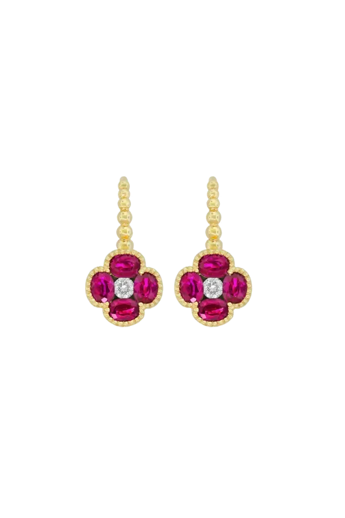 [E6339-R] 18Kt Yellow Gold Flower Dangle Earrings With (8) Oval Rubies Weighing 1.84ct And (2) Round Diamonds Weighing 0.14ct