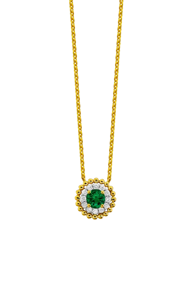 18Kt Yellow Gold Halo Style Necklace With A Round Emerald Weighing 0.25ct And (12) Round Diamonds Weighing 0.12ct