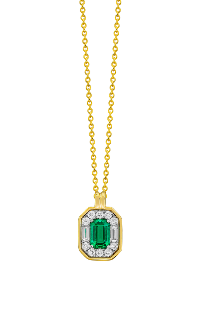 [P6753-EM] 18Kt Two Toned Necklace With An Emerald Cut Emerald Weighing 0.55ct, (10) Round, And (2) Baguette Diamonds Weighing 0.31ct