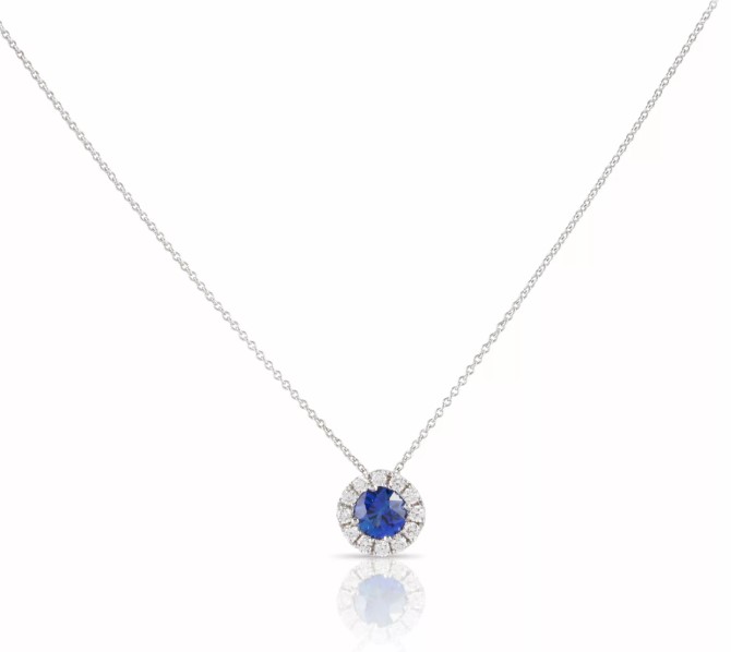[P6651-S] 18Kt White Gold Halo Style Necklace With (1) Round Sapphire Weighing 0.45ct And (10) Round Diamonds Weighing 0.25cttw