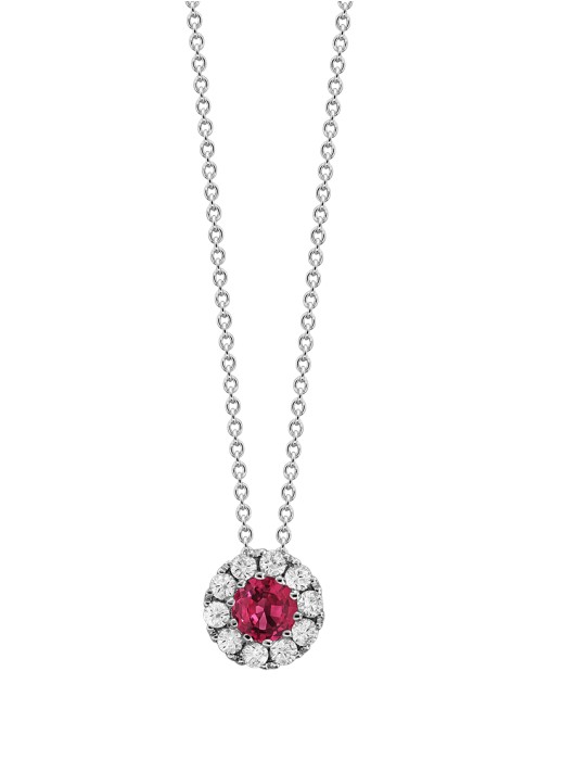 [P6651-R] 18Kt White Gold Circle Pendant Necklace With A Round Ruby Weighing 0.45ct And (10) Round Diamonds Weighing 0.25ct