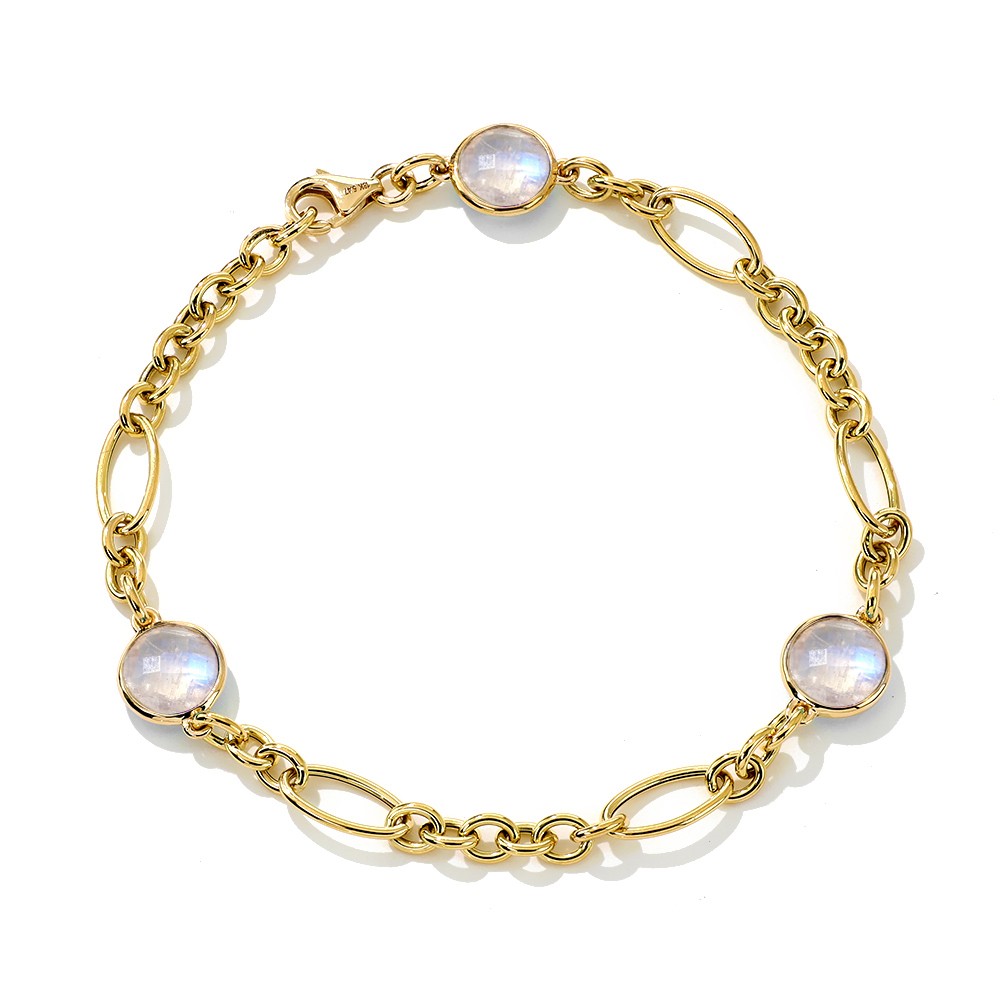[BM1465] 18Kt Yellow Gold Figaro Chain Bracelet With Moonstone Weighing 4.60cttw