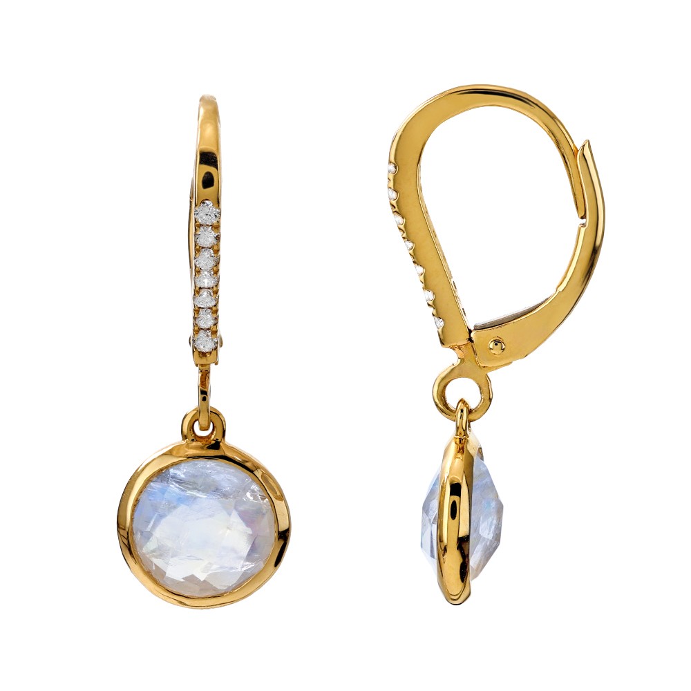 [EM1973] 18Kt Yellow Gold Drop Earrings With Moonstone Weighing 2.92ct And (14) Round Diamonds Weighing 0.13ct