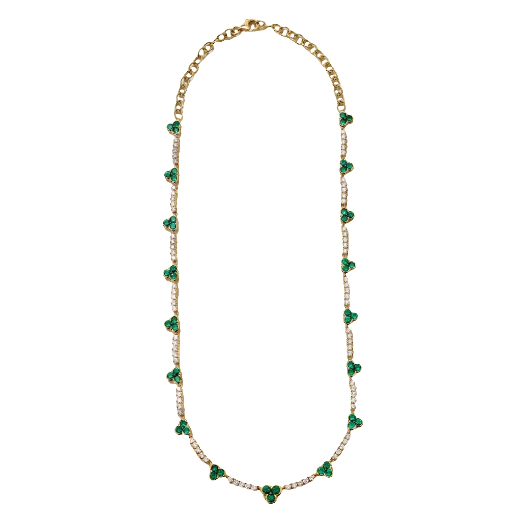 [NM1247] 18Kt Yellow Gold Trinity Tennis Necklace With Emeralds Weighing 3.25ct And Diamonds Weighing 1.92ct