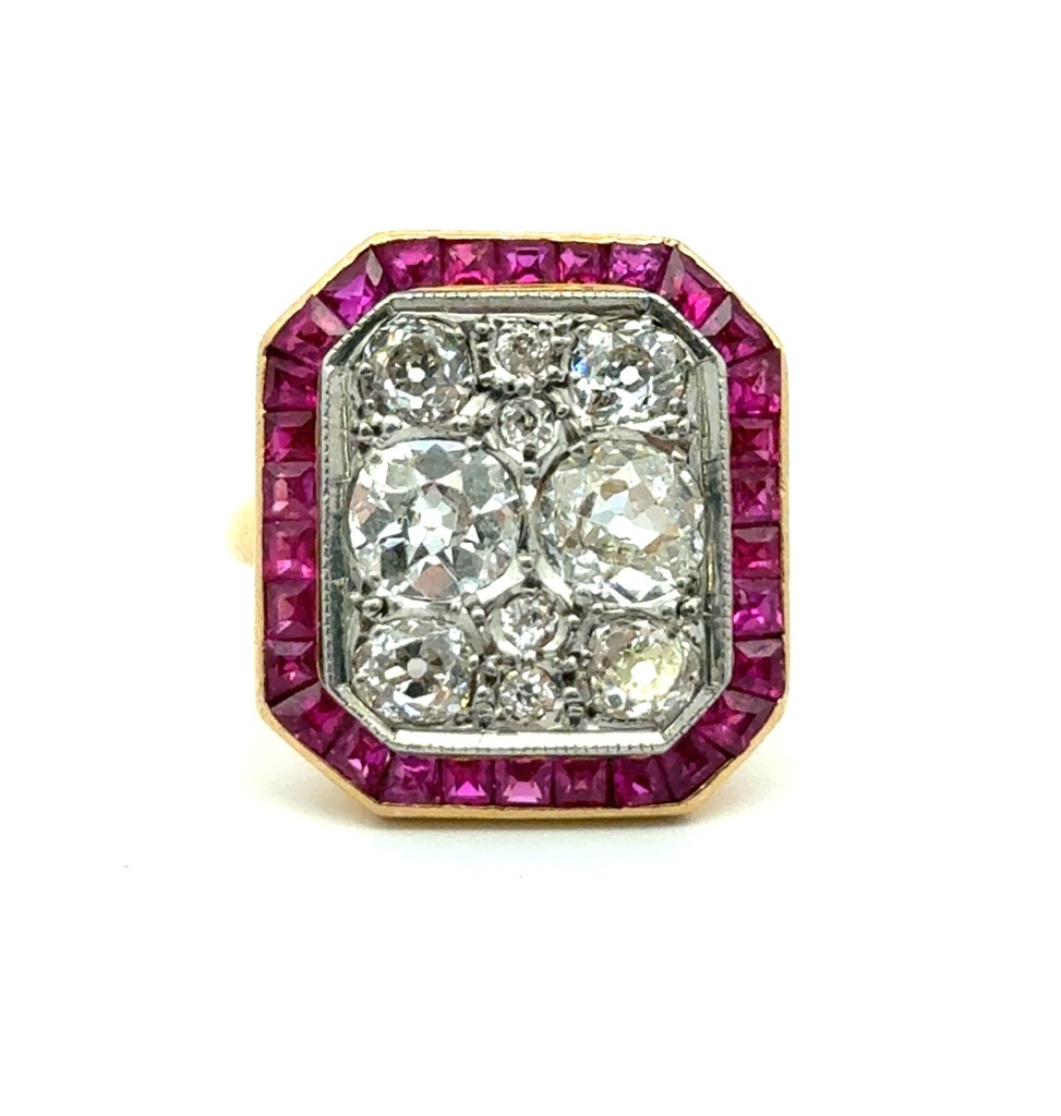 [ORDOMCRU-O] Platinum Ring With (10) Old Mine Cut Diamonds Weighing 3.10ct And (32) Emerald Cut Rubies Weighing 2.19ct