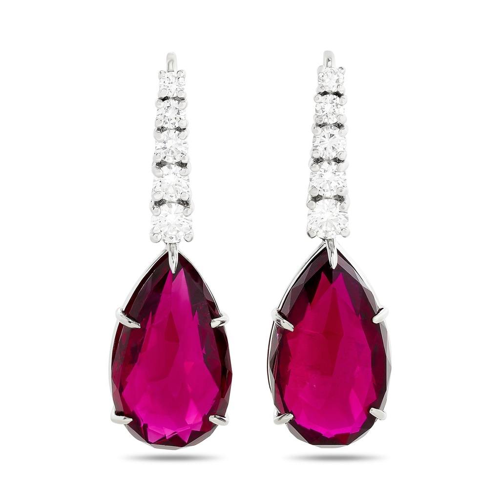 [E78786.5] Platinum And 18Kt White Gold Dangle Earrings With (2) Pear Shaped Tourmalines Weighing 28.38ct And (10) Round Diamonds Weighing 1.40ct