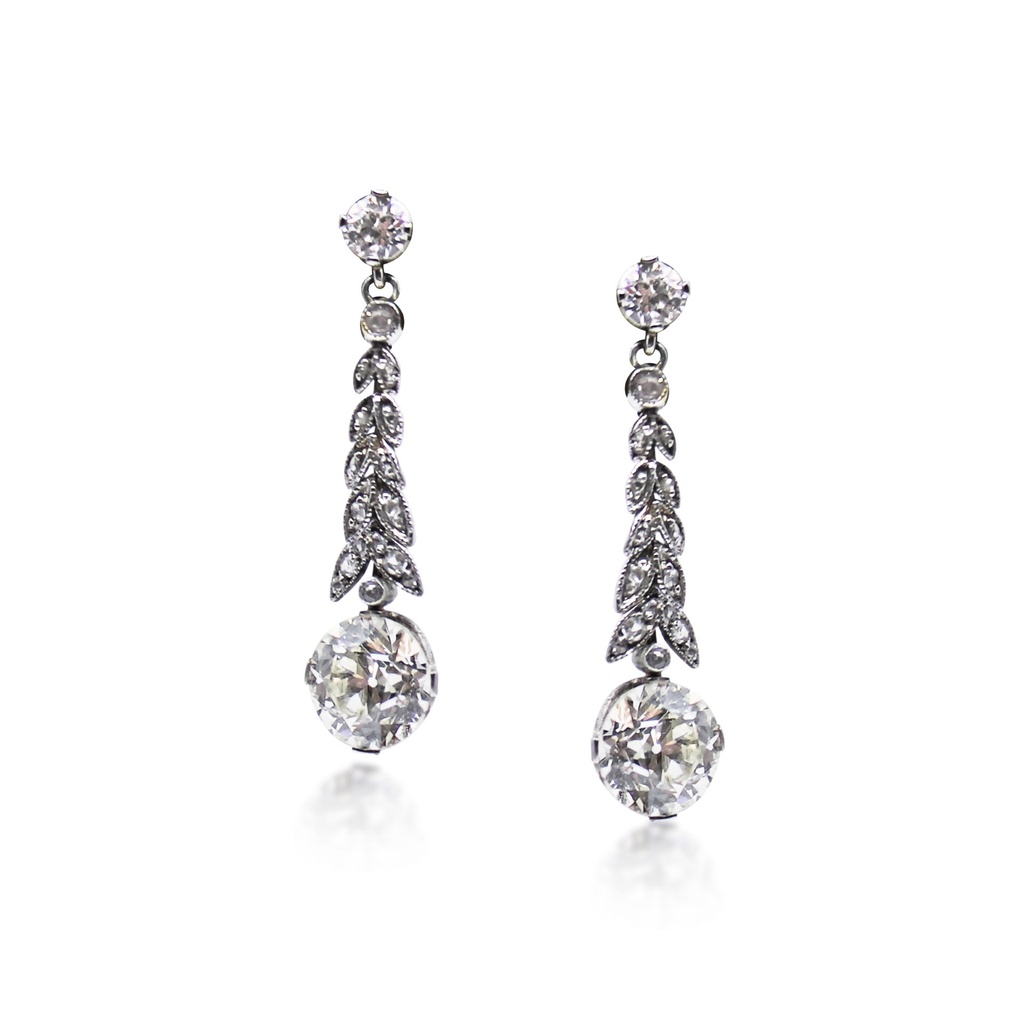 [OED247-O] Diamond Laurel Motif Earrings With (4) Old European Cut Diamonds Weighing 2.67ct And (32) Round/Single Cut Diamonds Weighing 0.03ct