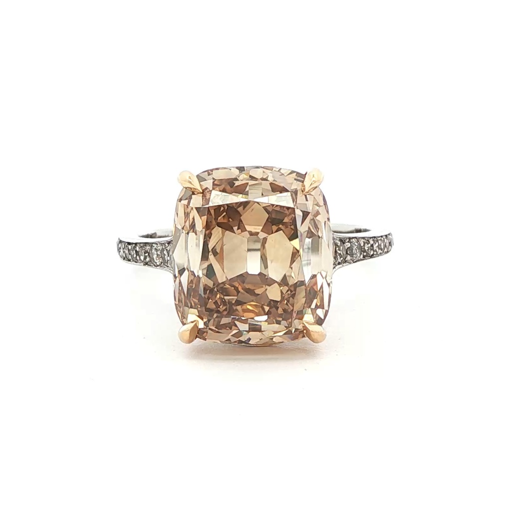 [ORD708CU-O] Platinum And 18Kt Yellow Gold Ring with A Cushion Cut Diamond Weighing 7.08ct And (26) Single Cut Diamonds Weighing 0.58ct