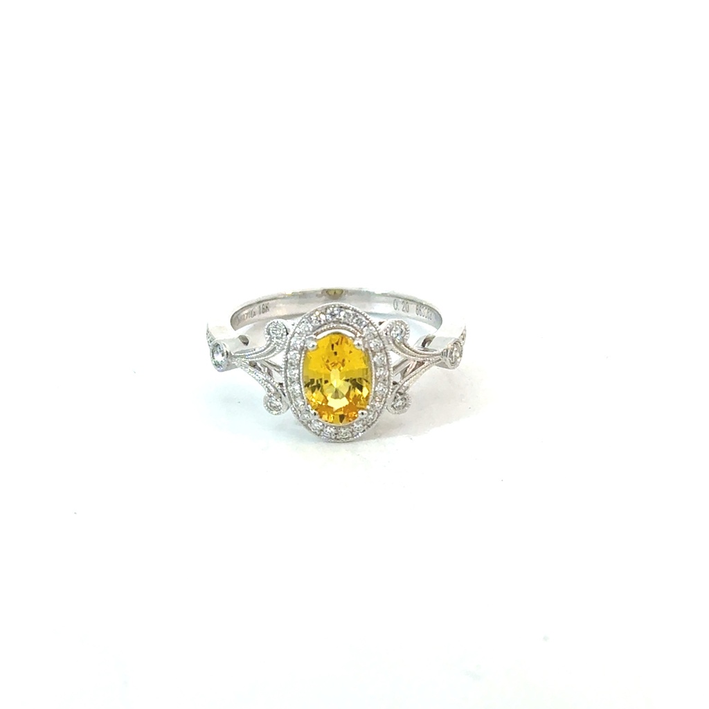 [TR656-OV] 18Kt White Gold Diamond Vintage Halo Semi Mount Ring With a Yellow Sapphire Weighing 0.89ct And Round Diamonds Weighing 0.20ct