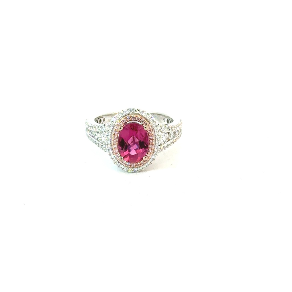 [LR2632] 18Kt Two Toned Diamond Band and Double Halo Semi Mount Ring With A Pink Tourmaline Weighing 1.75ct And Round Diamonds Weighing 0.61ct