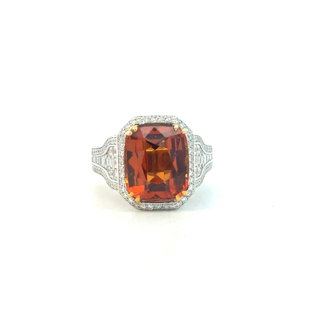 [ORG705CUGNT-O] Platinum Halo Style Ring With A Spessartite Weighing 7.05ct, (30) French Cut Diamonds Weighing 0.80ct, And (90) Round Diamonds Weighing 0.70ct