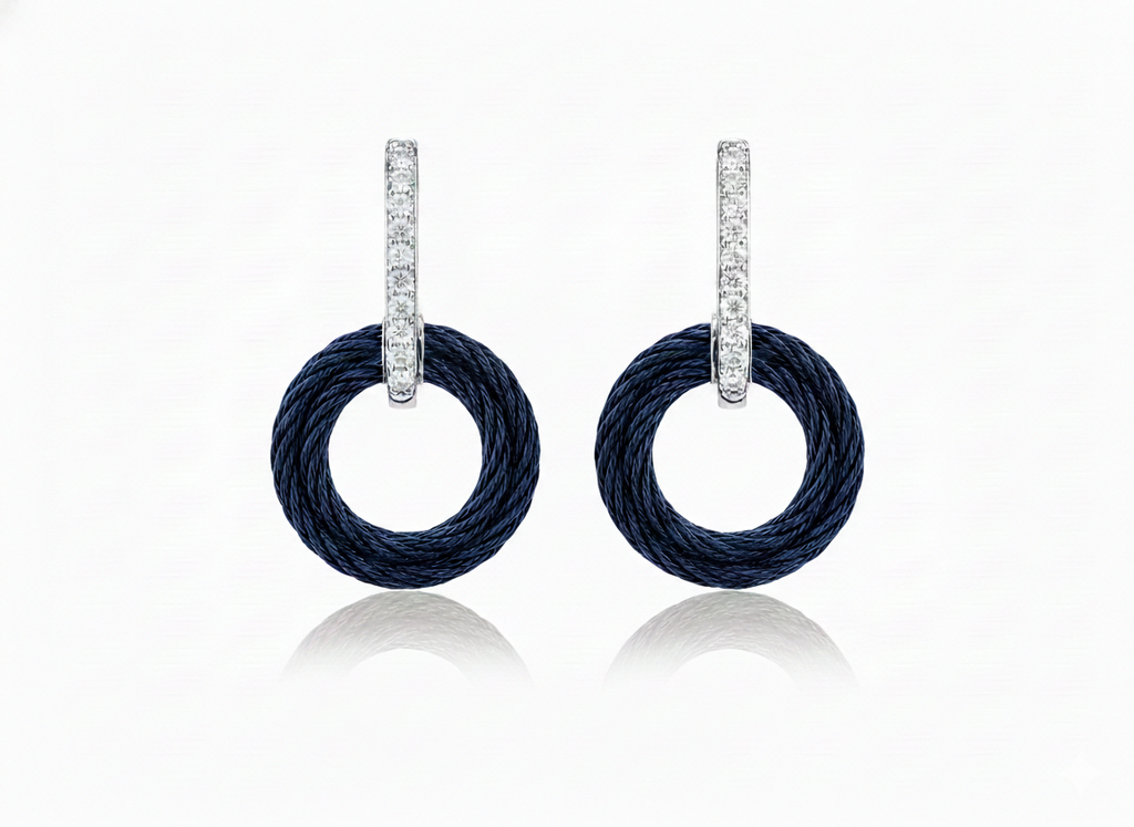 14Kt White Gold Blueberry Nautical Cable Drop Earrings With (22) Round Diamonds Weighing 0.18cttw