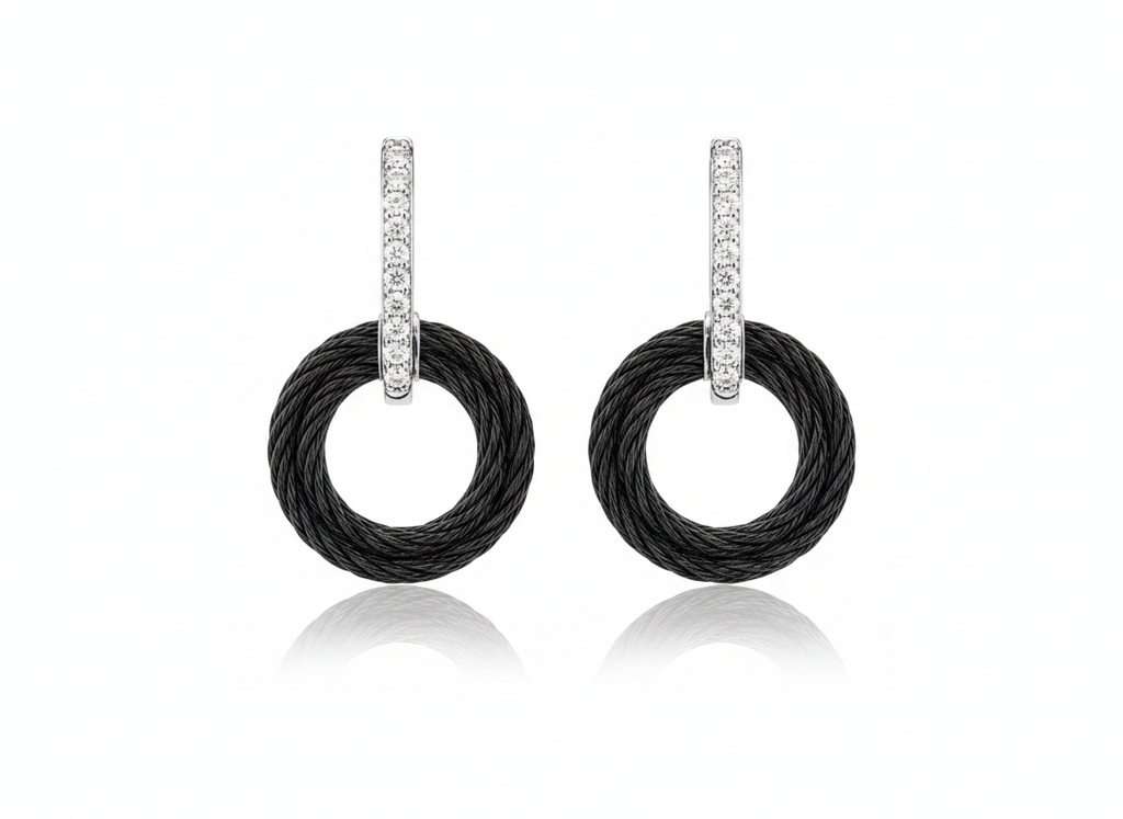 14Kt White Gold Black Nautical Cable Drop Earrings With (22) Round Diamonds Weighing 0.18cttw
