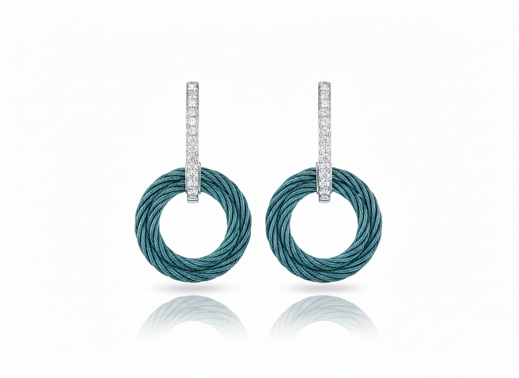 [03-64-0126-11] 14Kt White Gold Island Blue Nautical Cable Drop Earrings With (22) Round Diamonds Weighing 0.18cttw