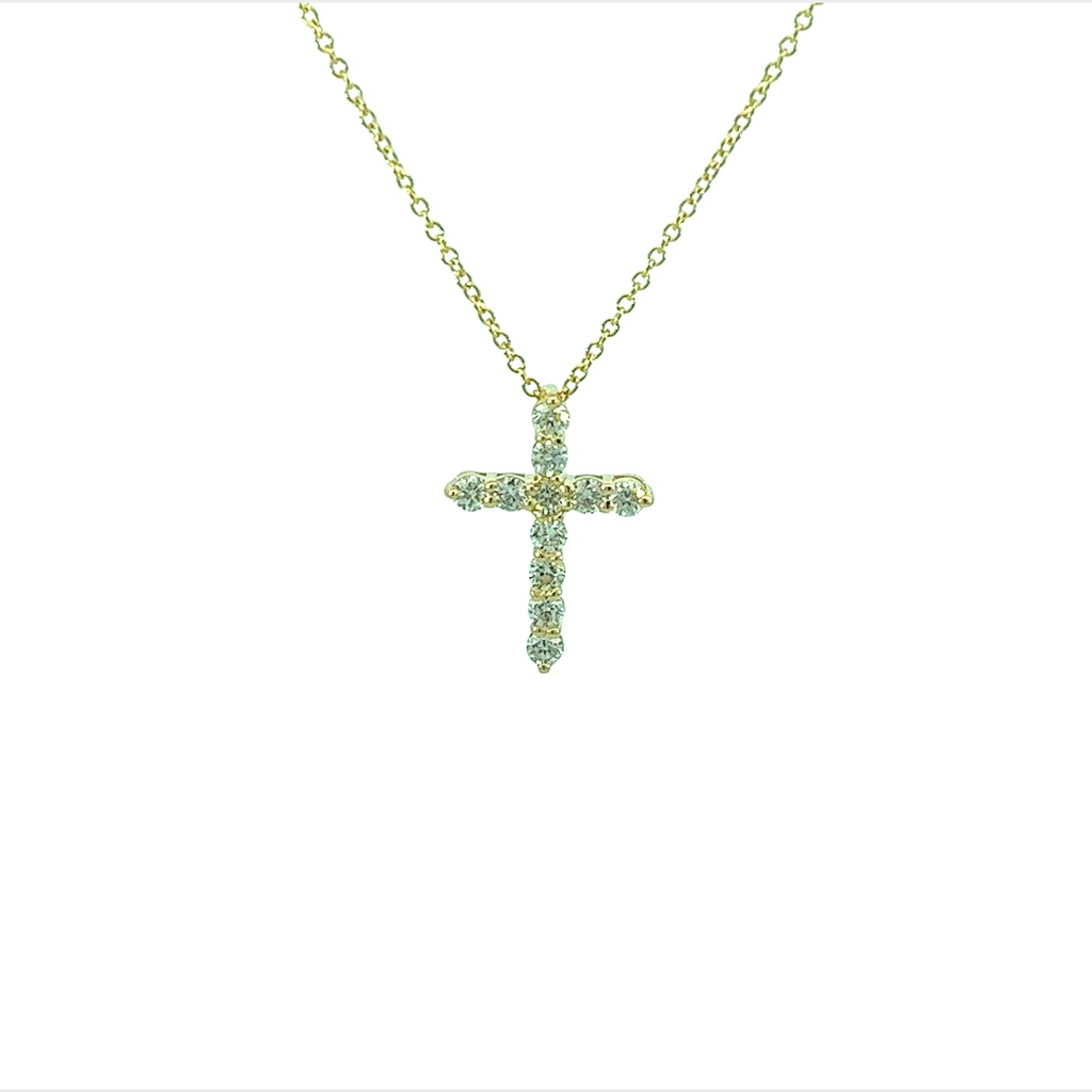 [P058-50-11-Y_68] 14Kt Yellow Gold Cross Necklace With (11) Round Diamonds Weighing 0.48cttw