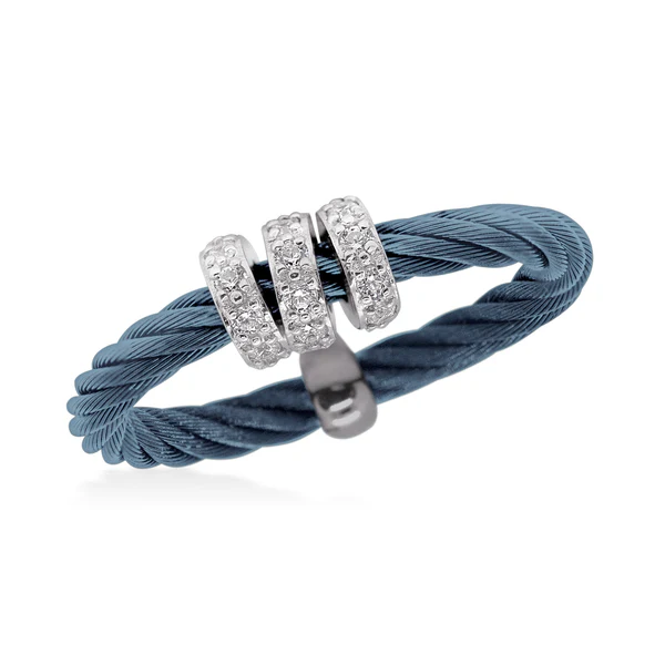 [02-64-3203-11] 14Kt White Gold Island Blue Nautical Cable Twisted Band With (21) Round Diamonds Weighing 0.17ct