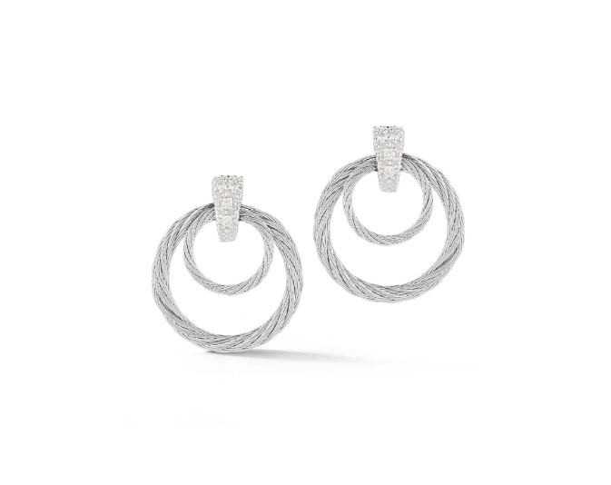 14Kt White Gold Grey Nautical Cable Double Circle Drop Earrings With (8) Round Diamonds Weighing 0.07cttw