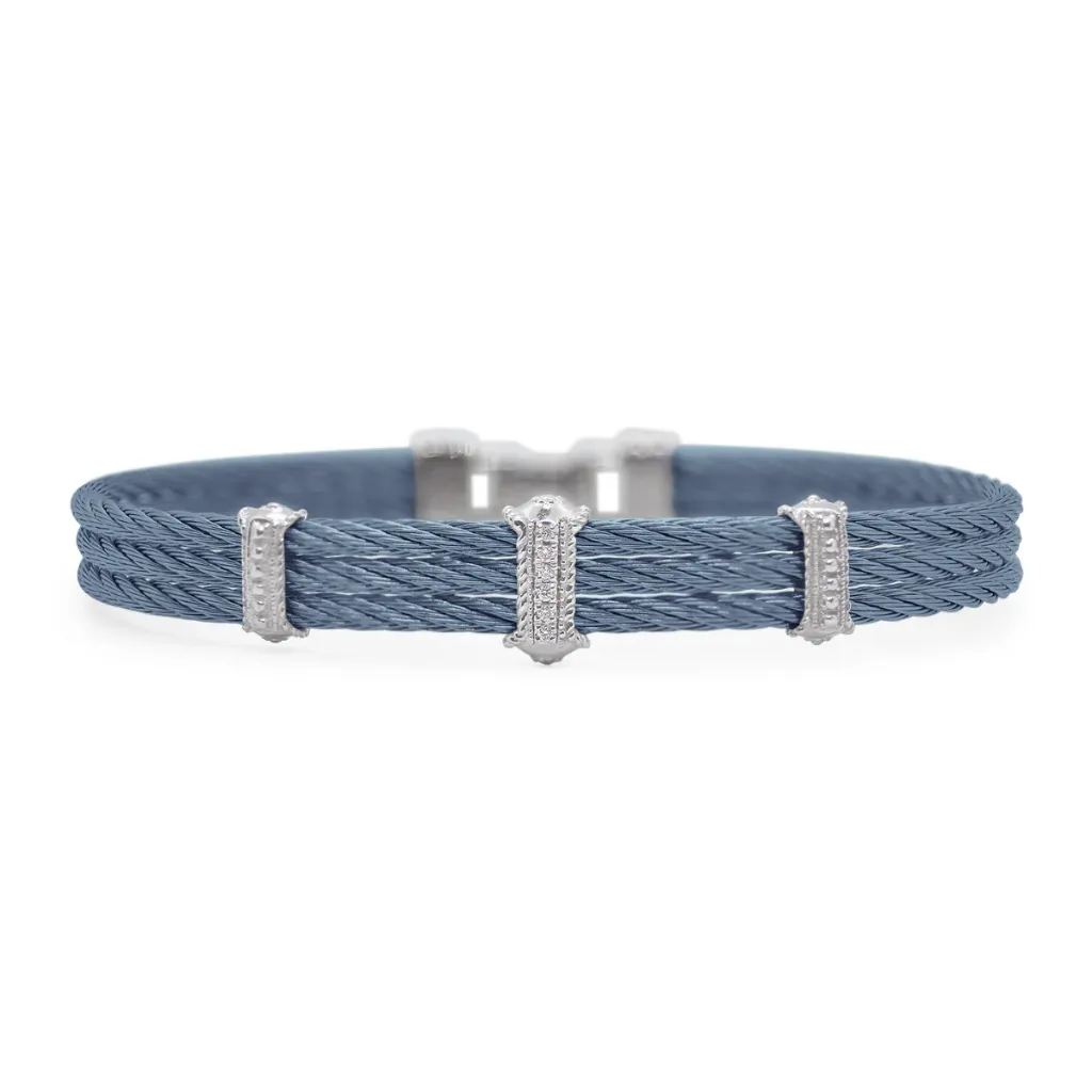 14Kt White Gold Island Blue Nautical Cable Triple Station Bracelet With (6) Round Diamonds Weighing 0.03cttw