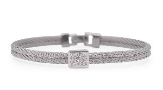 14Kt White Gold Grey Nautical Cable Square Station Bracelet With (18) Round Diamonds Weighing 0.15cttw