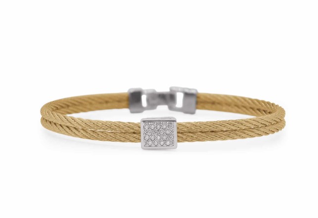 [04-37-9214-11] 14Kt White Gold Yellow Nautical Cable Square Station Bracelet With (18) Round Diamonds Weighing 0.15cttw