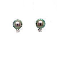 [E78TW] 14Kt White Gold Tahitian Pearl And Diamond Studs 0.15cttw