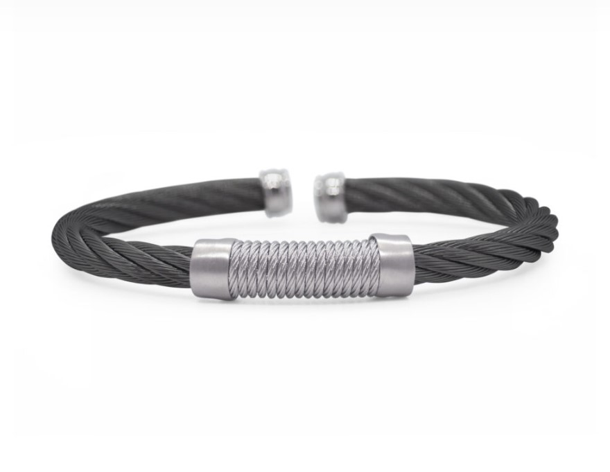 Men's Stainless Steel Black And Grey Nautical Cable Wrapped Cuff Bracelet Sz7