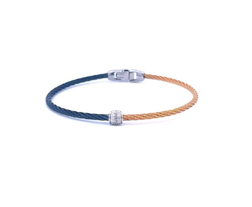 [04-68-s917-11] 18Kt White Gold Yellow And Blueberry Nautical Cable Barrel Station Bracelet With (8) Round Diamonds Weighing 0.07cttw
