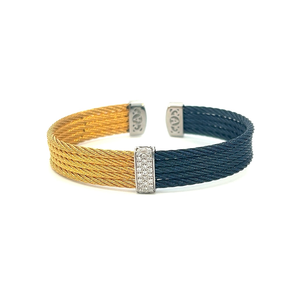 [04-68-S651-11] 18Kt White Gold Yellow And Blueberry Nautical Cable Diamond Cuff 0.19cttw