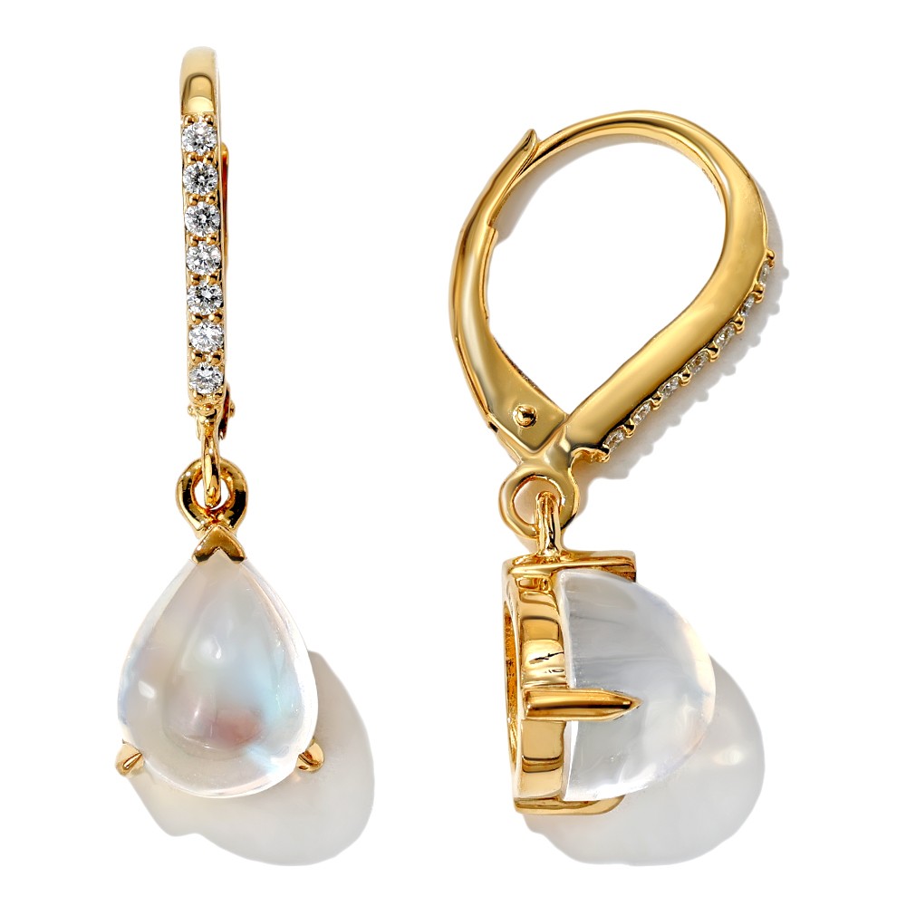 [EM1985MN] 18Kt Yellow Gold Moonstone Drop Earrings With (14) Round Diamonds Weighing 0.13cttw
