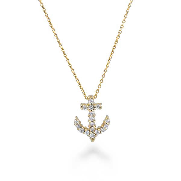 [001629AYCHX0] 18Kt Yellow Gold Tiny Treasures Anchor Necklace With (17) Round Diamonds Weighing 0.15cttw